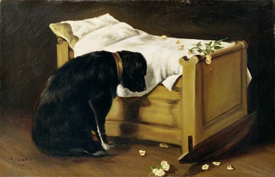 Hond rouwend om zijn kleine meester, 1866 door A. Archer
